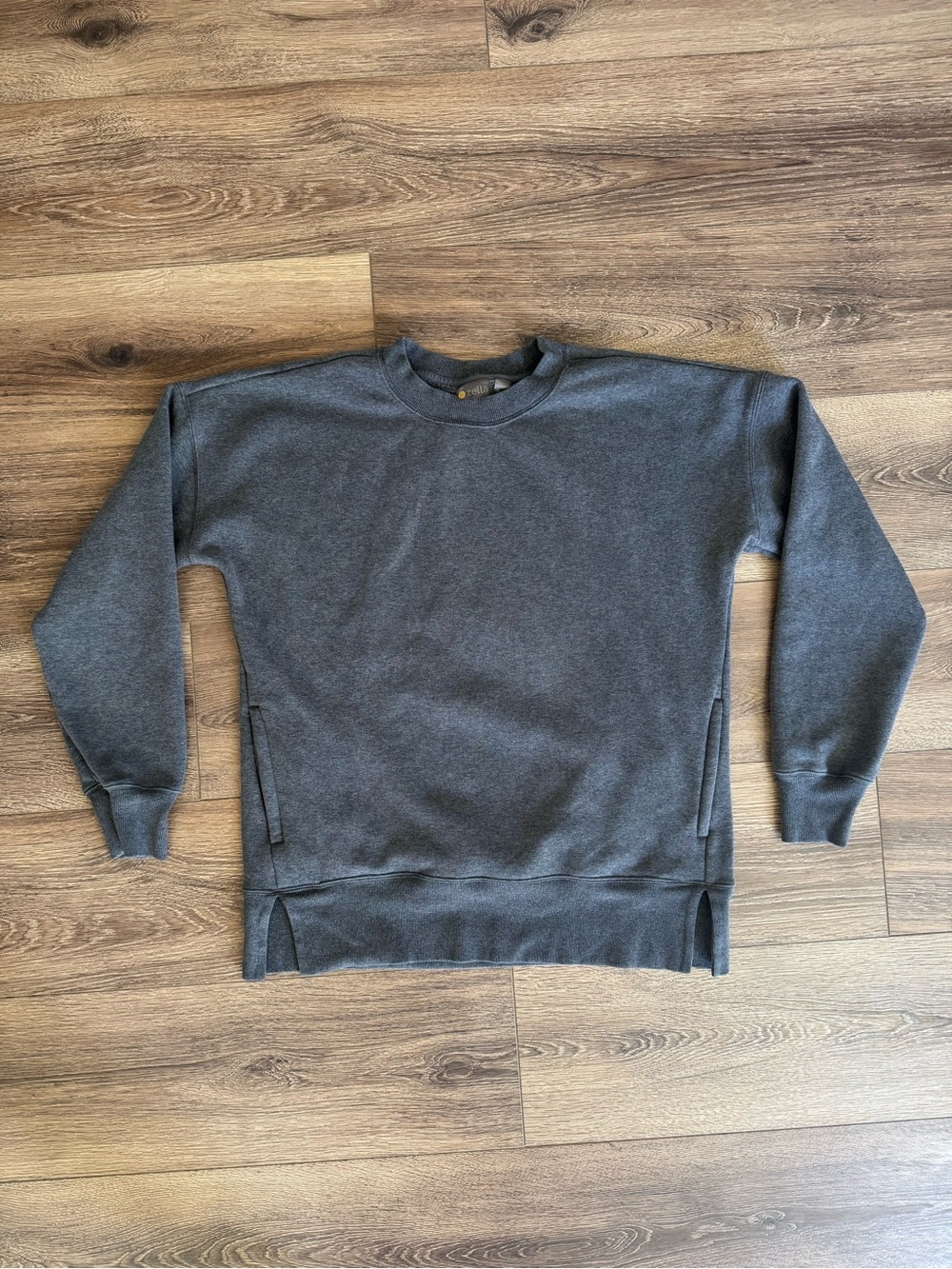 Zella Crewneck Lined Sweatshirt With Pockets and Slits, Charcoal Gray